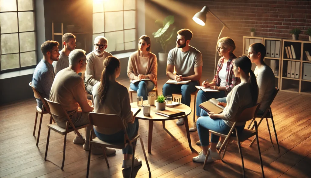 A group therapy session with adults seated in a circle, participating in a collaborative storytelling exercise with open notebooks, creating a supportive environment for speech therapy memory activities.