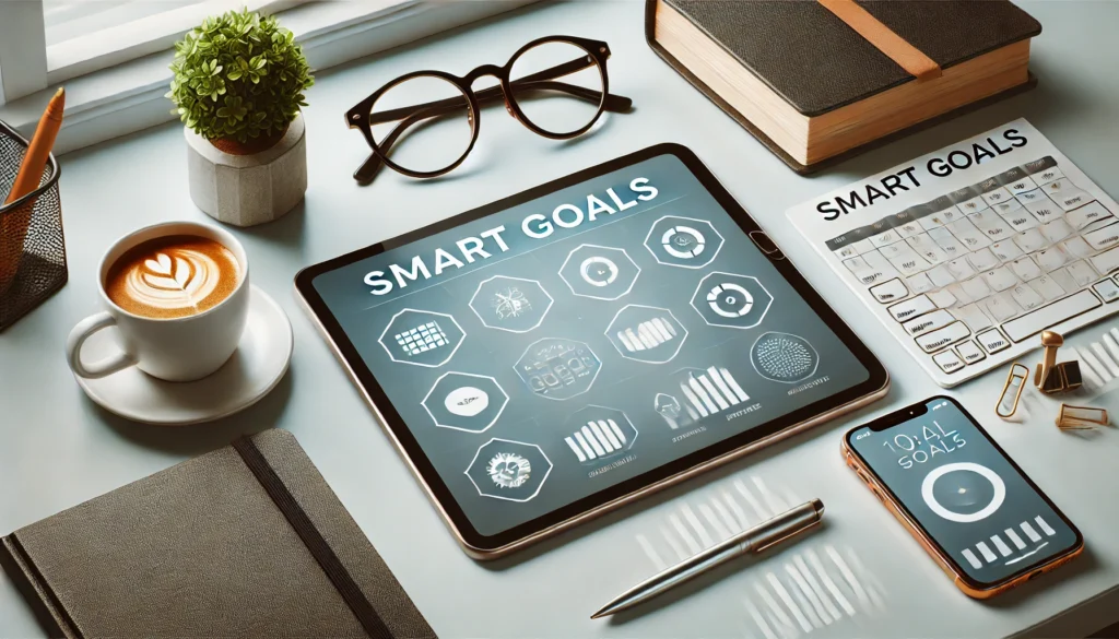 A modern workspace featuring a digital tablet displaying a SMART goals template, emphasizing digital convenience and tracking in relation to 'smart goals handout pdf