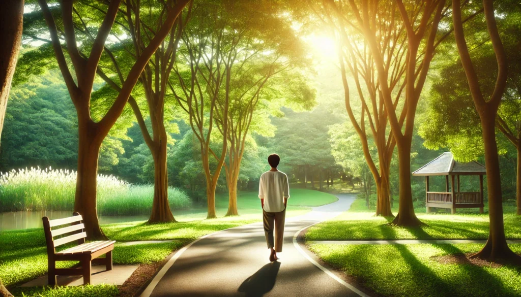 A person walking through a lush green park on a winding path, surrounded by tall trees and soft sunlight. This peaceful scene highlights how walking in nature can help reduce stress and improve mental well-being. Physical activities to help reduce stress true or false—walking proves to be an effective and accessible way to calm the mind.