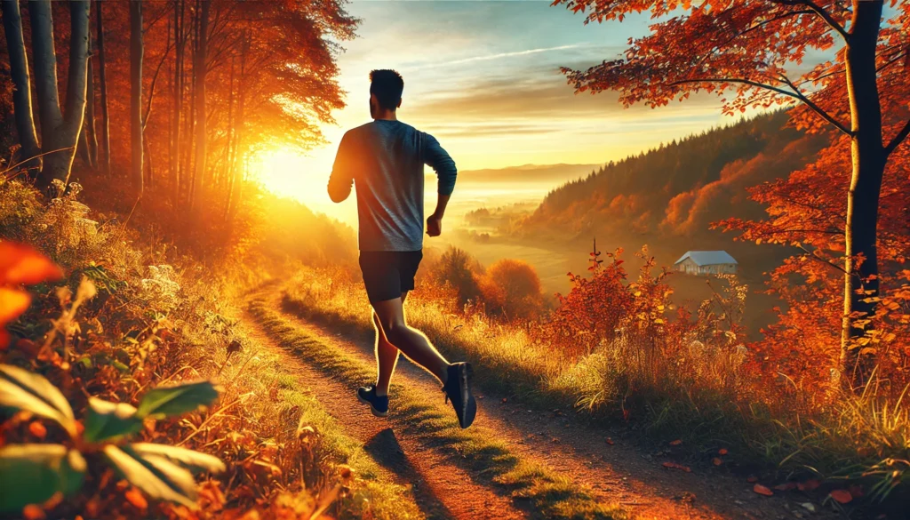 A runner jogging along a scenic trail at sunrise, surrounded by vibrant autumn foliage. This dynamic image captures the exhilarating 'runner's high,' demonstrating how running can relieve stress and boost mood. Physical activities to help reduce stress true or false—running is a proven method to combat anxiety and enhance well-being.