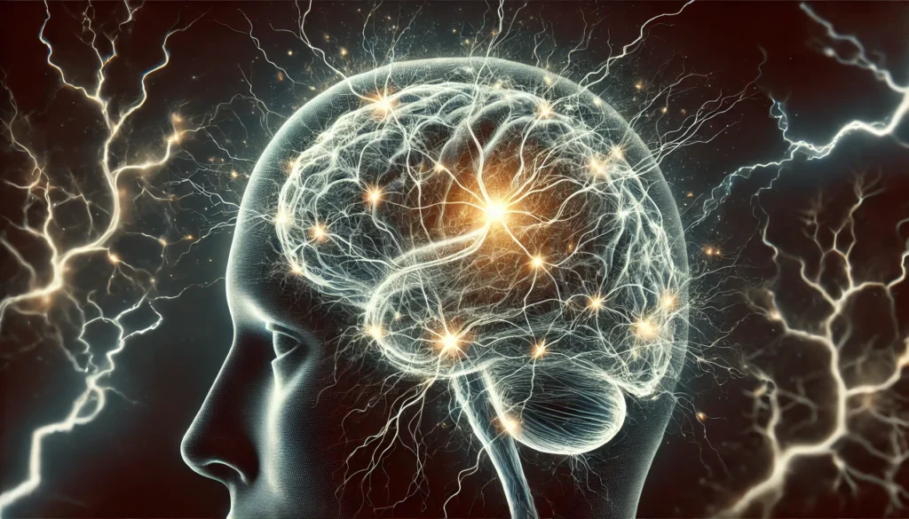 Illustration of a stressed brain with disrupted neurons, symbolizing the potential impact of chronic stress on cognitive health and dementia risk