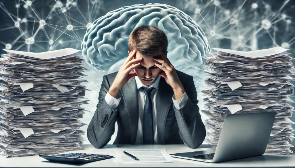 Young professional overwhelmed with stress at work, showing cognitive strain and potential long-term effects on brain health