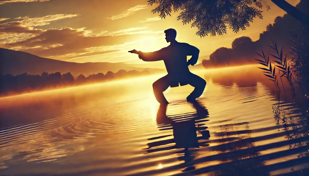 A person gracefully practicing Tai Chi at sunrise by a calm lakeside, performing slow, deliberate movements. The peaceful water and warm morning light enhance the meditative quality of the scene, showcasing Tai Chi as a stress-relieving activity. Physical activities to help reduce stress true or false—Tai Chi is an ancient practice known for promoting relaxation and balance.