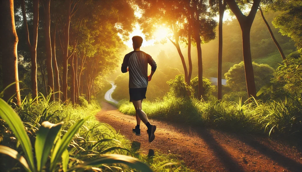 A person jogging along a scenic trail at sunrise, surrounded by lush greenery and golden morning light. This uplifting scene symbolizes the positive effects of running on mental health and its potential to alleviate depression. Can running kill depression? This image highlights its therapeutic benefits.