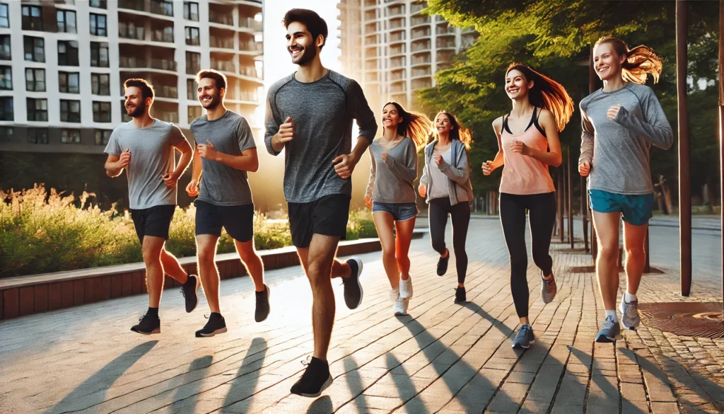 A group of runners participating in a morning run through an urban park, smiling and moving in unison. This scene highlights the social and mental health benefits of running, emphasizing how community and physical activity can help fight depression.