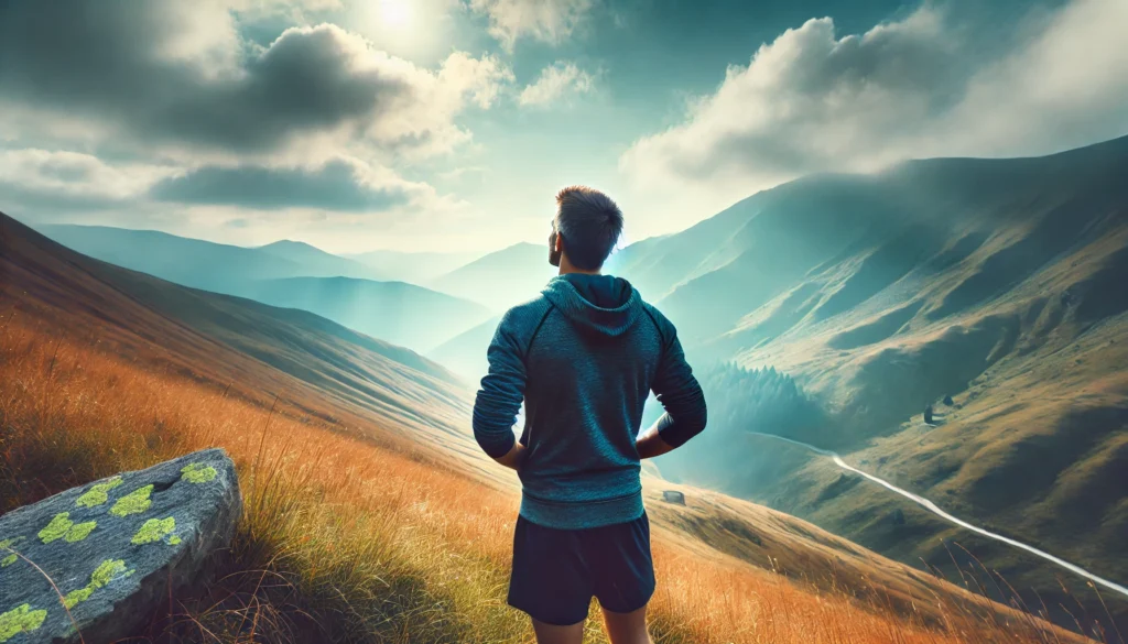 A solo runner on a peaceful mountain trail, pausing to take deep breaths while enjoying the vast, scenic view. The tranquil landscape and open sky represent the sense of freedom and inner peace running provides. Can running kill depression? This image captures its stress-relieving and mood-enhancing effects.