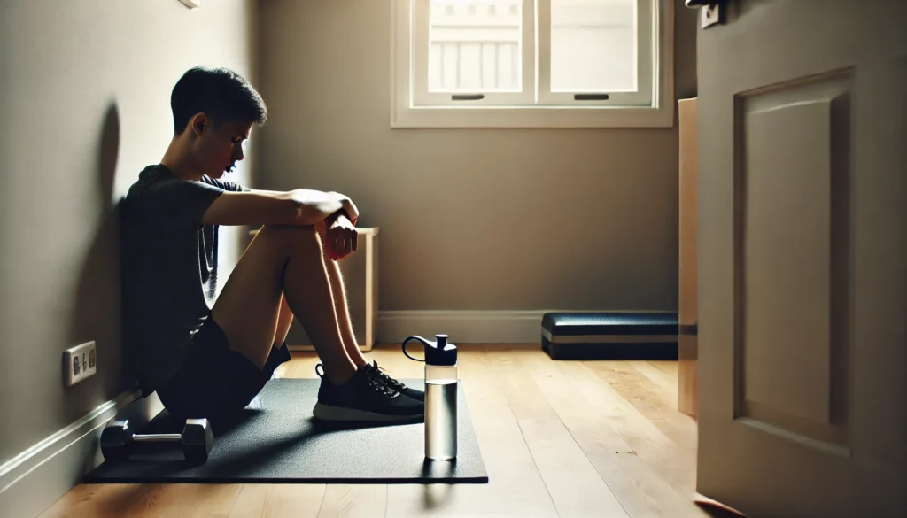 A person sitting on the floor of a home workout space, leaning against the wall with a water bottle beside them. They appear mentally drained and fatigued, gazing downward in contemplation. The soft natural light emphasizes the emotional toll of depression after exercise.