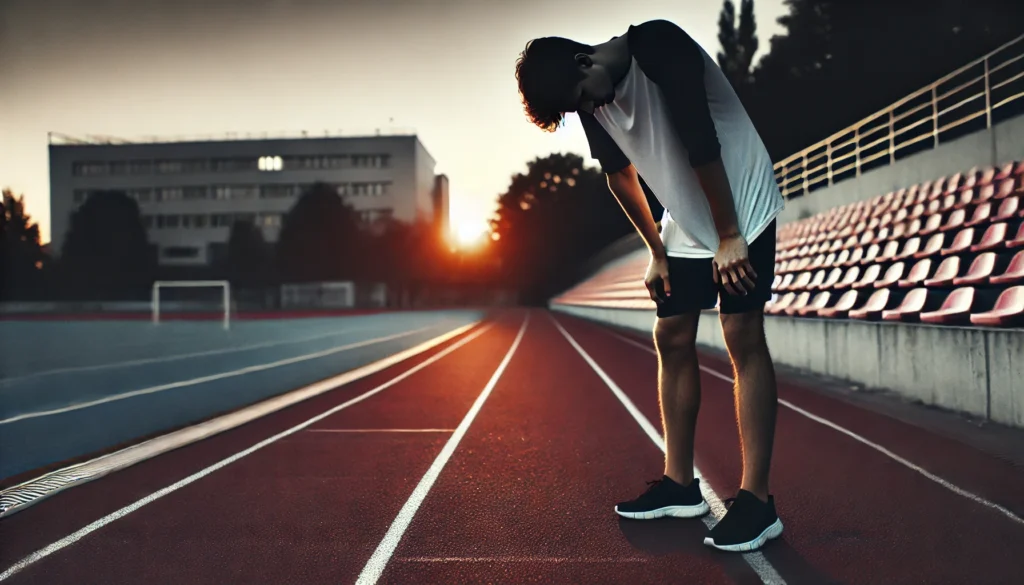 A person standing alone on a running track at dusk, looking down with a tired and contemplative expression. The empty track and fading daylight create a melancholic atmosphere, symbolizing the emotional comedown and feelings of depression after exercise.