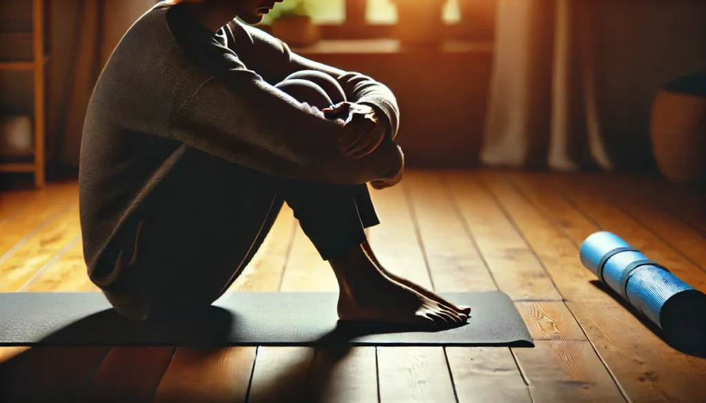 A person sitting on a yoga mat in a dimly lit room, hugging their knees with a thoughtful expression. The quiet scene, illuminated by a soft lamp, represents the emotional contrast between mindfulness exercises and the unexpected feelings of depression after exercise