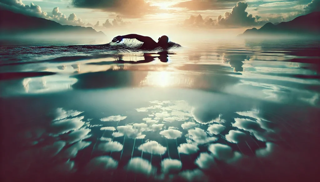 A person swimming in a calm pool, performing a relaxing backstroke under soft morning light. The tranquil water and serene atmosphere highlight swimming as one of the best exercises to reduce cortisol and promote relaxation.