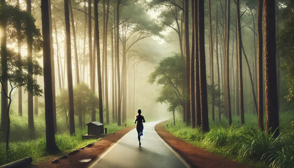 A person jogging along a quiet forest path in the early morning, surrounded by tall trees and soft mist. Their relaxed yet steady posture symbolizes the stress-reducing effects of running in nature, making it one of the best exercises to reduce cortisol.