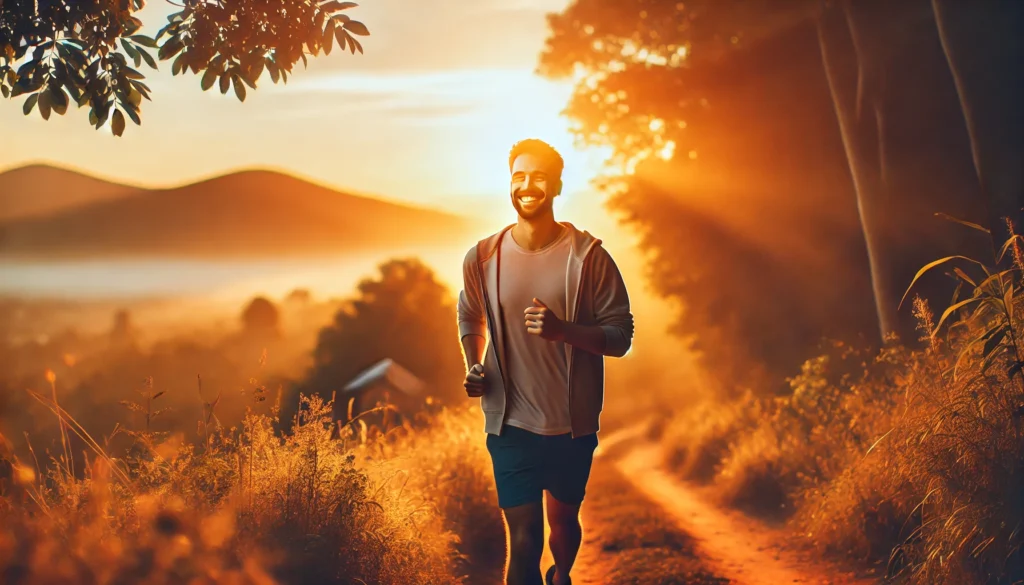 A person jogging along a scenic trail at sunrise, smiling with a look of satisfaction and relaxation. This image represents why does working out feel good, as exercise naturally boosts mood and reduces stress through endorphin release