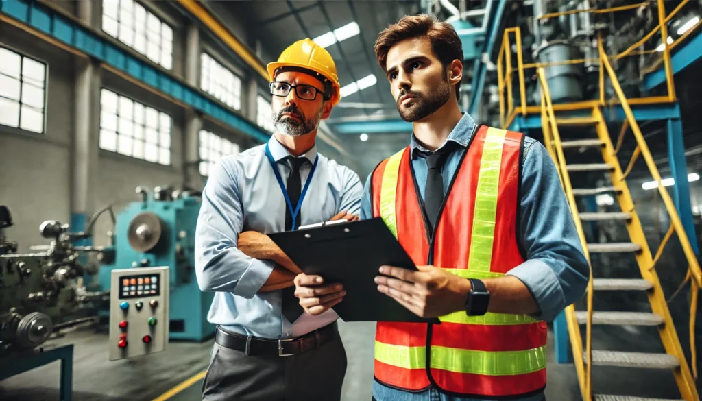 A manager and an employee in a factory setting reviewing safety protocols, highlighting stress about safety and the need to address workplace hazards effectively.