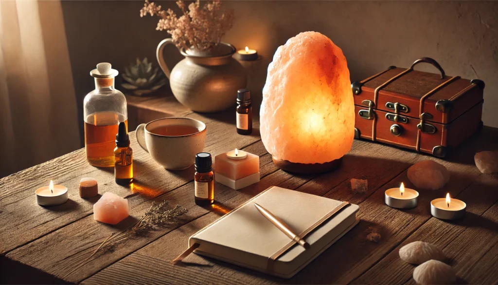 A Himalayan salt lamp glowing softly on a wooden table, surrounded by essential oils, a journal, and a cup of herbal tea, fostering relaxation and mindfulness.