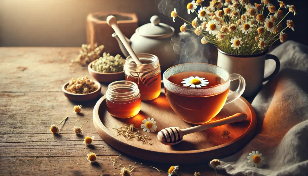 A steaming cup of herbal tea on a wooden tray, accompanied by dried chamomile flowers and a honey dipper, creating a warm and relaxing atmosphere perfect for stress relief.