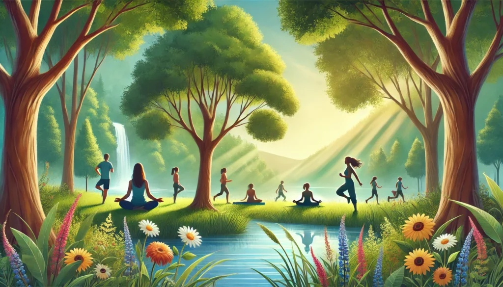 A tranquil natural setting featuring people practicing stress relief activities by a calm lake. Some individuals are meditating, while others are doing yoga under tall green trees. A gentle waterfall flows in the background, with soft sunlight filtering through the branches. Wildflowers in vibrant colors bloom in the foreground, enhancing the serene atmosphere.