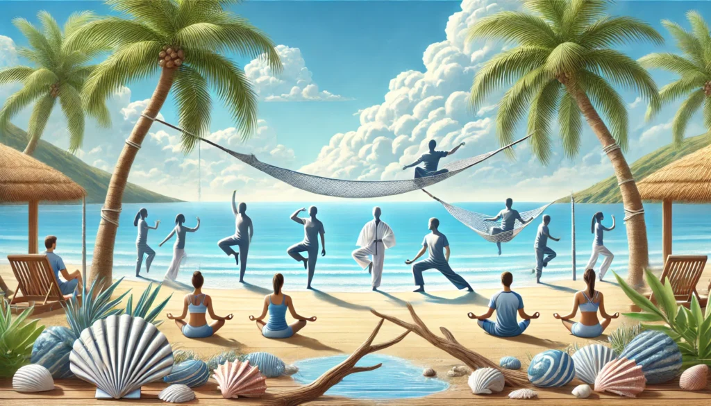 A relaxing beach scene with people engaging in stress relief activities. Some individuals practice tai chi on the sand, while others rest in hammocks tied between palm trees. The calm ocean waves and a clear blue sky add to the tranquility. Seashells and driftwood decorate the sandy foreground.