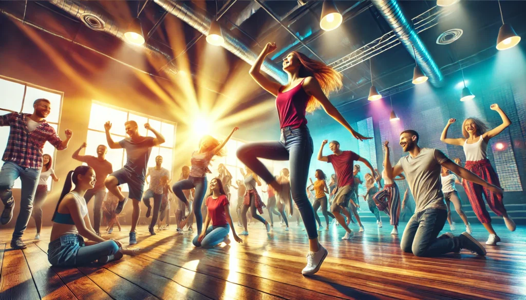 A vibrant group dance session at a community center with bright lighting, joyful expressions, and energetic movements, highlighting a fun stress management activity.