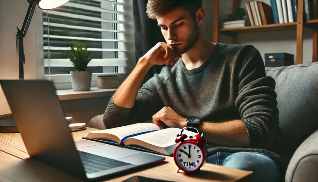 A student practicing the Pomodoro Technique, using a timer while studying with a book and laptop in a distraction-free study area for improved focus