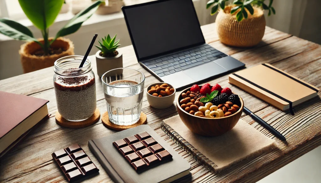 A minimalistic modern workspace showcasing healthy study snacks, including mixed nuts, chia seed pudding topped with berries, dark chocolate squares, and a glass of water, with a sleek laptop and notebooks in the background