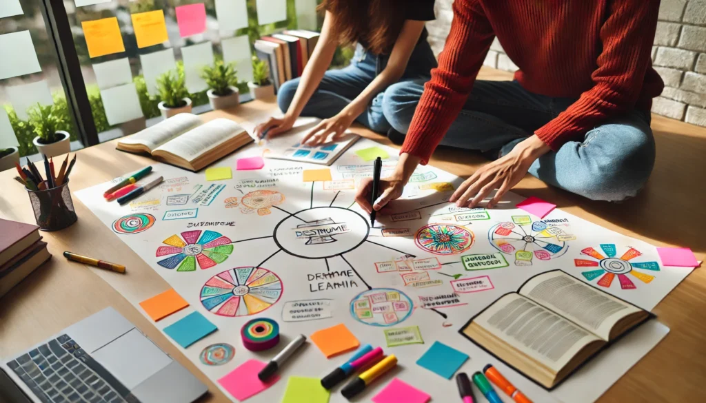 A student creating a colorful mind map using markers and sticky notes, organizing key concepts visually for effective learning.