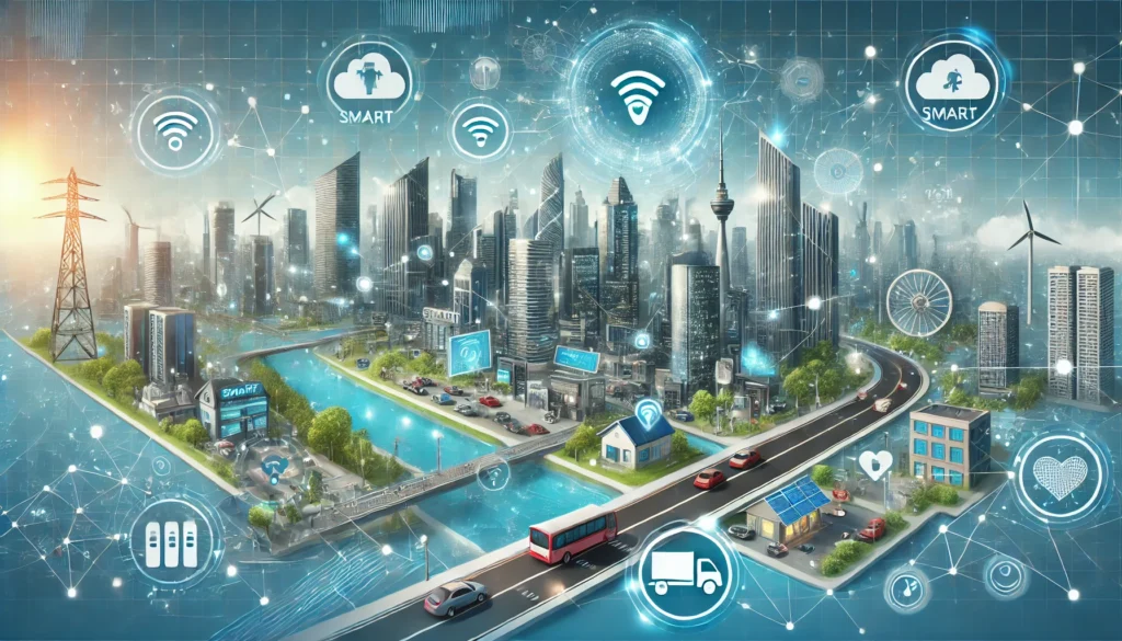 Illustration of a futuristic smart city with interconnected devices, featuring autonomous vehicles, smart homes, and wearable health devices, representing intelligent connectivity and data-driven innovation