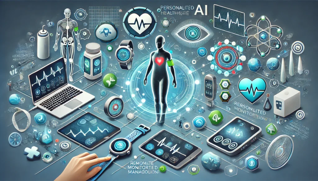 Illustration of smart healthcare technology featuring wearable fitness trackers, remote monitoring devices, and AI-driven diagnostics, representing the future of personalized health management