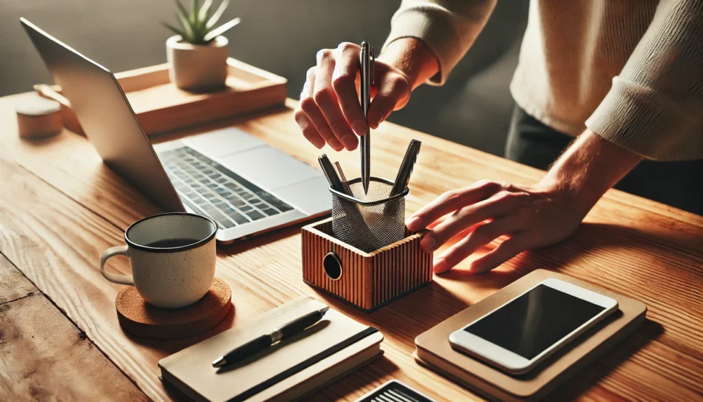 A minimalist workspace with a wooden desk, laptop, notebook, and coffee cup. A person’s hands place a pen in a designated holder, demonstrating how to remember where you put something by creating a structured routine