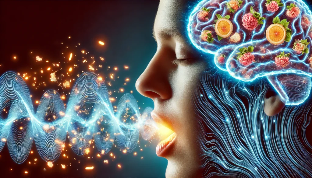 A surreal image of a person experiencing food perception, with glowing neural connections between their mouth and the temporal lobe of the brain. The energy waves represent taste, texture, and smell being processed by the brain.