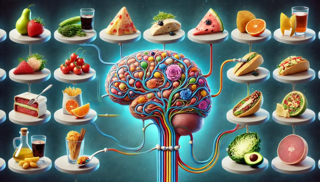 A conceptual depiction of a neural pathway connecting the temporal lobe to different food types, illustrating how the brain interprets flavors. The image represents the science of taste perception and food-related memory formation.