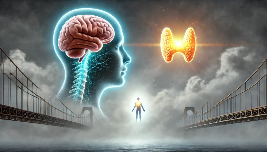 A surreal depiction of the thyroid’s influence on memory, illustrating a glowing thyroid gland acting as a bridge between a foggy, unclear brain and a bright, active brain. The scene represents the transition from cognitive confusion to mental clarity through thyroid health management.