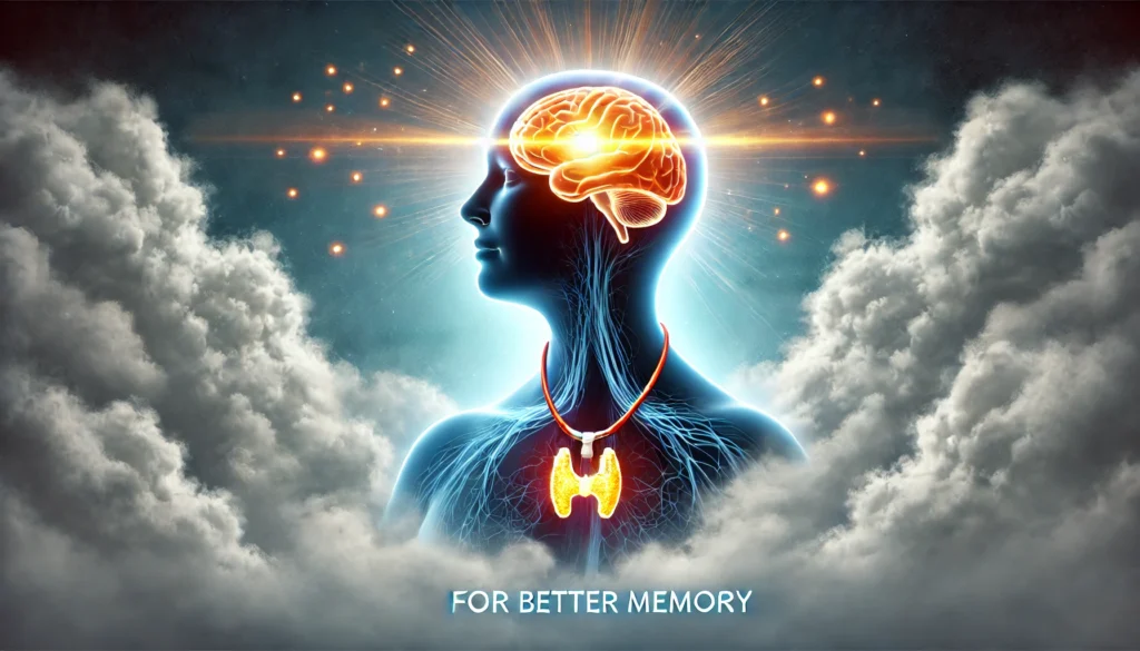 A symbolic illustration of thyroid management for better memory, featuring a human brain surrounded by fog that is being cleared away by glowing thyroid energy. The transition from haze to clarity represents the cognitive benefits of maintaining thyroid health.