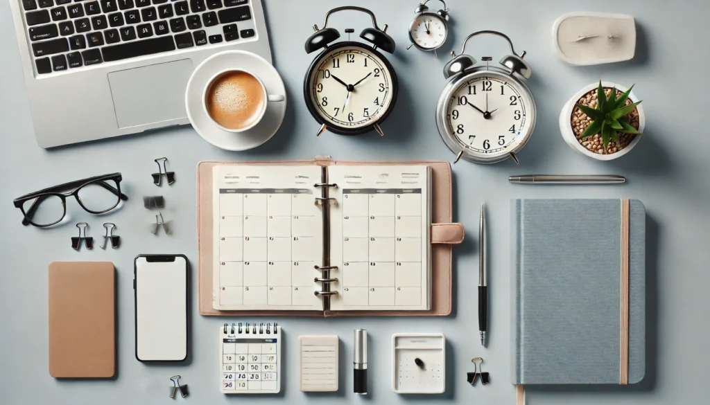 An overhead view of a workspace with an open planner, a clock, and a cup of coffee, symbolizing structured time management and productivity. The setup is neat and aesthetically pleasing, evoking a sense of organization and efficiency