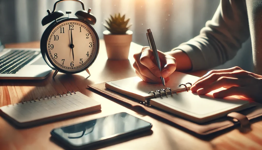 A person writing in a planner with a clock nearby, symbolizing effective time management and goal setting. The background is softly lit with an organized desk, evoking a sense of focus and productivity