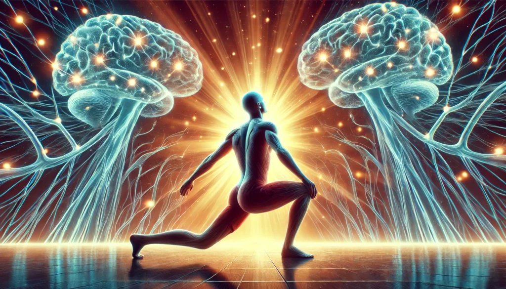 A surreal depiction of a person stretching under bright sunlight, with glowing neural pathways emerging from their head, symbolizing the connection between physical activity, wakefulness, and memory improvement.