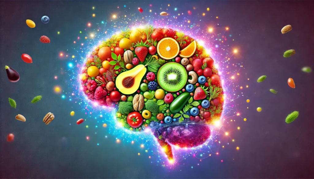 An abstract representation of a balanced diet fueling brain power, with colorful fruits, vegetables, and nuts forming the shape of a brain. The brain appears vibrant and glowing, symbolizing how nutrition combats fatigue and enhances memory.