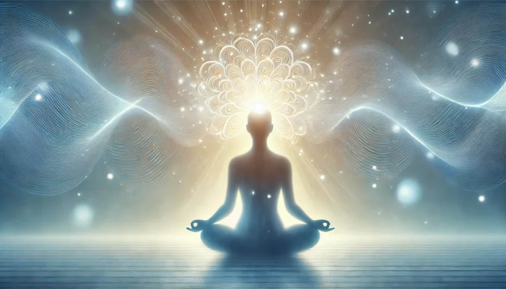 A calming image of a person meditating with soft waves of light radiating from their head, symbolizing how mindfulness and relaxation improve memory and reduce fatigue. The background is tranquil, representing mental clarity and focus.