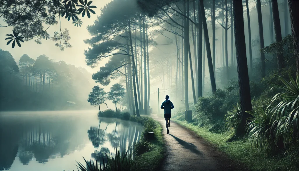 A tranquil morning scene of a person jogging along a misty lakeside trail, surrounded by tall trees and calm waters, symbolizing the quiet contemplation of what motivation means.