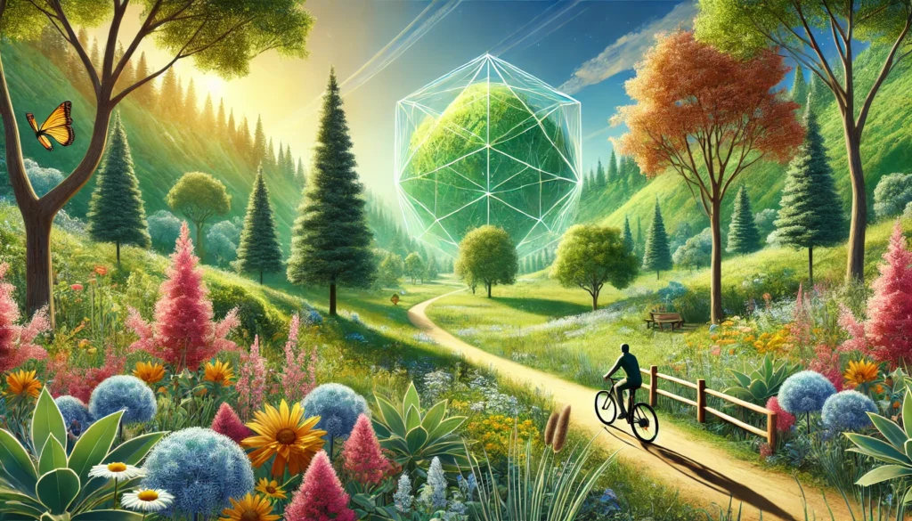 A vibrant outdoor park scene with a person riding a bicycle along a winding path, surrounded by blooming flowers and tall trees, symbolizing energy, purpose, and the pursuit of understanding what motivation means in a harmonious natural setting.