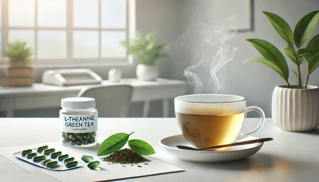 Minimalist workspace with green tea, L-Theanine-rich leaves, and omega-3 capsules, representing focus and calm productivity