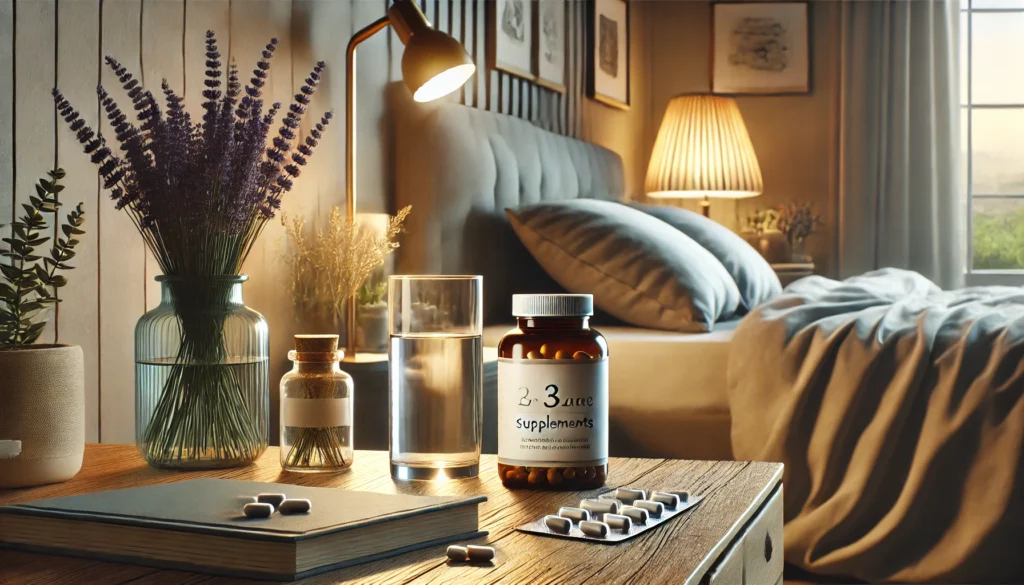 Peaceful bedroom with a bedside table, supplements, lavender, and books, promoting relaxation and focus