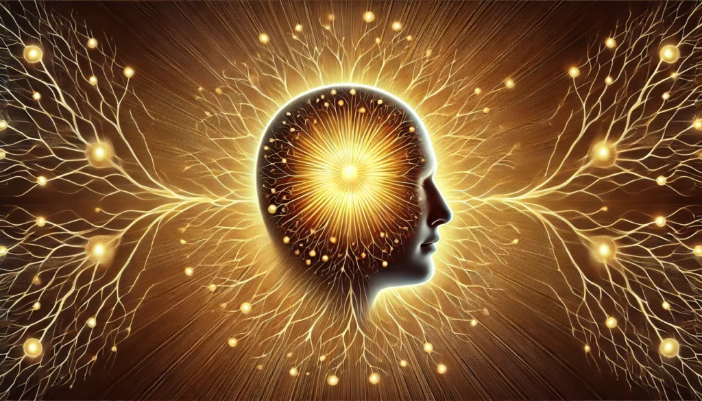 A symbolic depiction of Vitamin D and cognitive health, showing a human head with a radiant sun inside, representing mental energy and clarity. Neural connections glow and intertwine around the head, emphasizing the link between sunlight exposure and enhanced brain function.