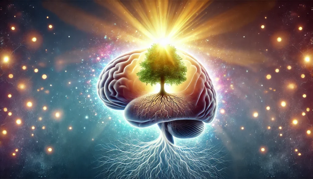 An artistic visualization of Vitamin D nourishing the brain, illustrated as a tree growing inside a glowing brain. The tree’s roots absorb sunlight, symbolizing cognitive growth and vitality. A bright, ethereal background reinforces the connection between Vitamin D and mental well-being.