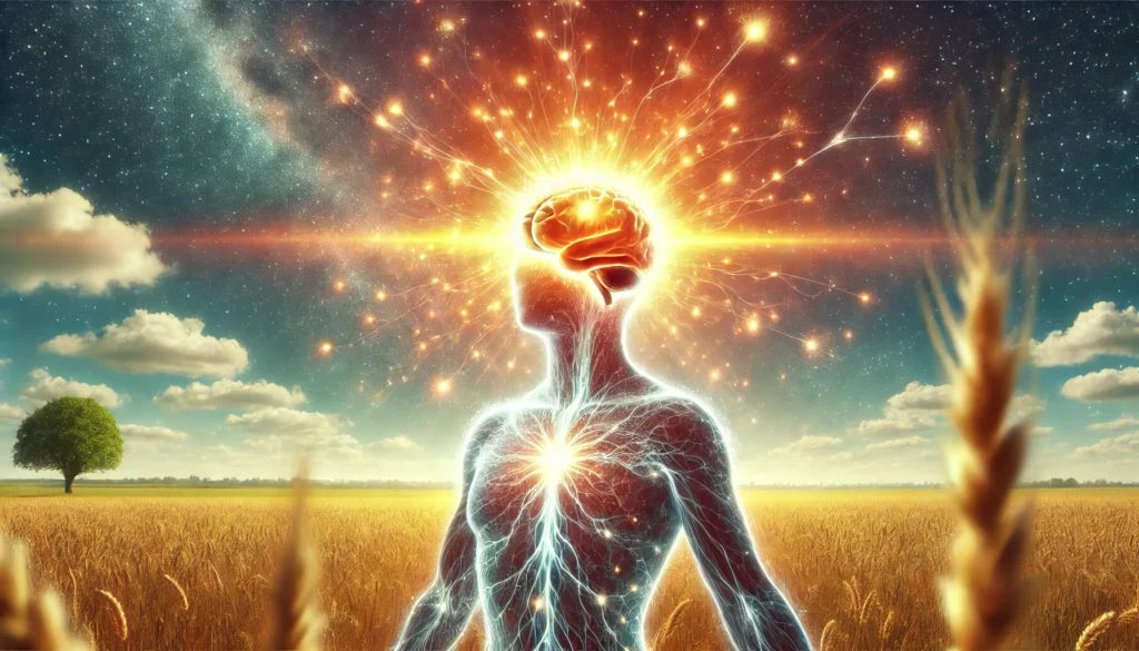 A surreal depiction of Vitamin D’s role in cognitive clarity, showing a human figure standing in a sunlit field with their head transforming into a luminous galaxy filled with interconnected neurons. The glowing effect signifies enhanced memory, focus, and mental well-being under sunlight.