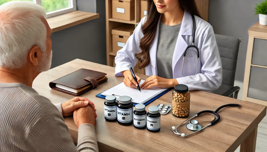 Healthcare professional in a clinic discussing vitamins for dementia prevention with an elderly person, featuring vitamin bottles, a stethoscope, and a notepad on the desk, emphasizing cognitive health.