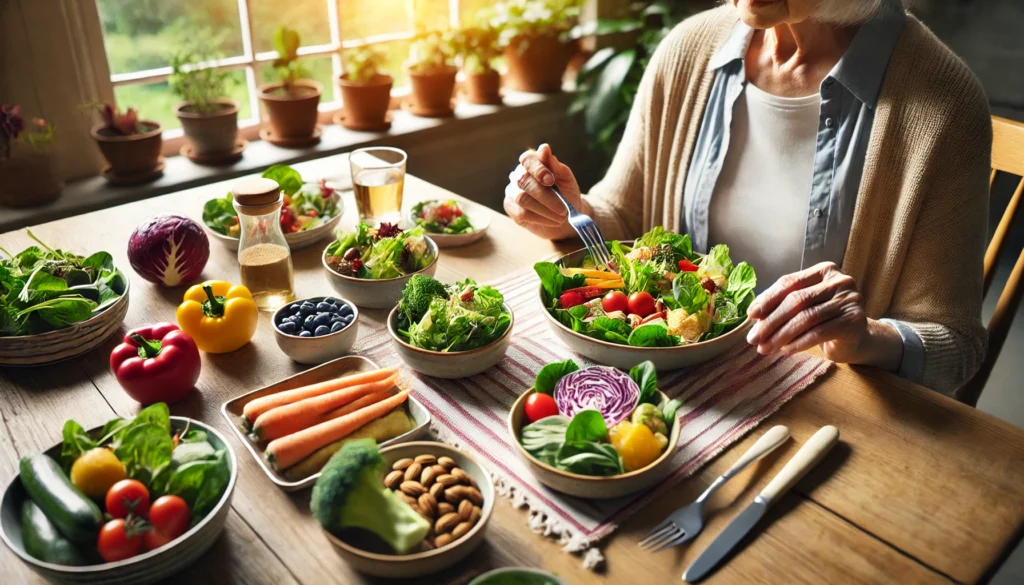 Elderly person enjoying a balanced meal at a dining table, featuring dishes rich in vitamins like leafy greens, colorful vegetables, and nuts, highlighting the role of nutrition in dementia prevention.