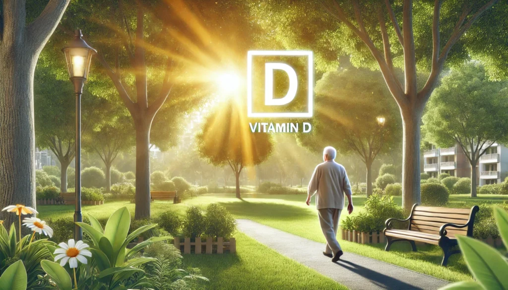 Serene outdoor setting with an elderly person walking under sunlight in a park, symbolizing Vitamin D's role in dementia prevention, surrounded by greenery and soft sunlight.