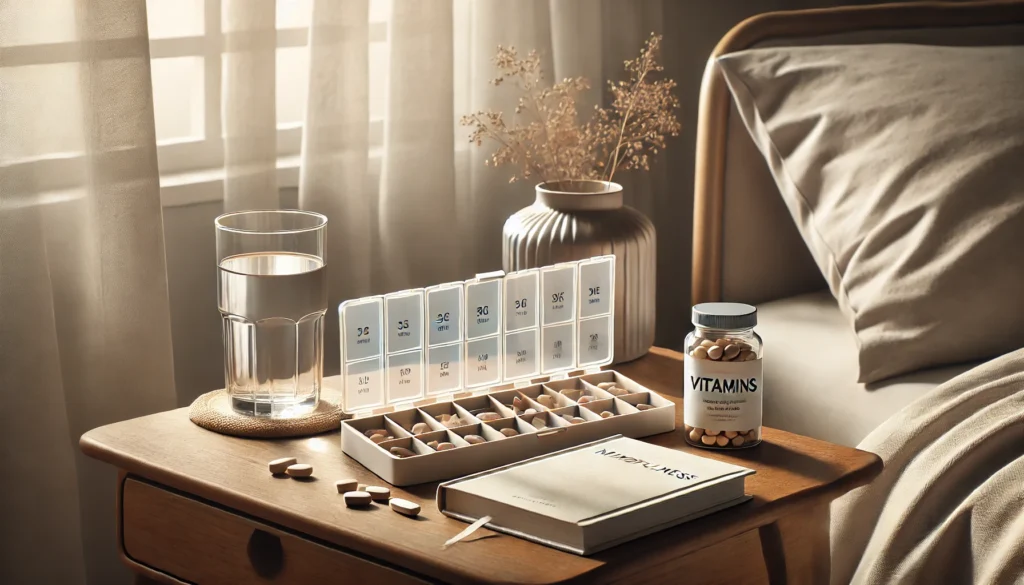 A wellness setup on a bedside table with a glass of water, a pill organizer filled with vitamins, and a book on mindfulness. Soft, natural light through sheer curtains creates a tranquil morning scene, emphasizing a peaceful start to the day and the role of vitamins in mood enhancement.