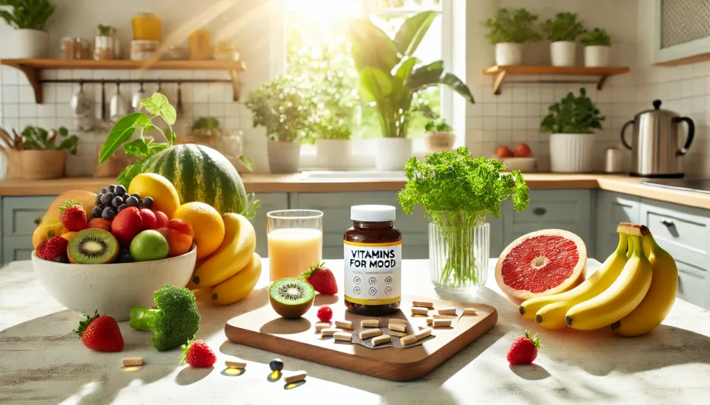 A bright kitchen countertop with a morning smoothie preparation setup, featuring fresh fruits like bananas and berries, leafy greens, and a bottle of vitamin supplements, emphasizing vitamins for mood enhancement.