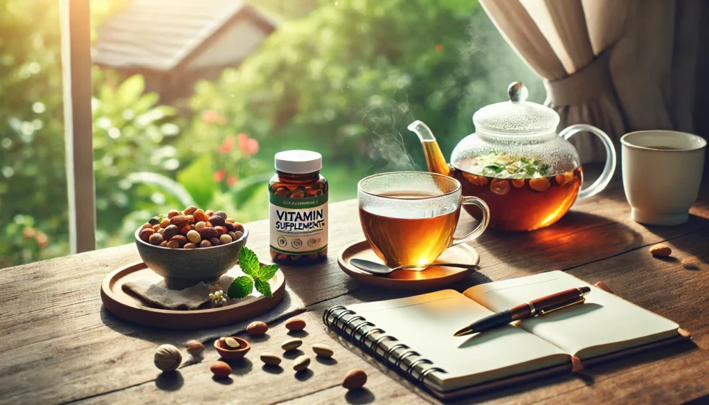 A serene workspace with a cup of herbal tea, a small bowl of mixed nuts, and a bottle of vitamin supplements on a wooden desk, emphasizing relaxation and mood improvement. A notebook and pen suggest mindfulness and planning, with natural lighting creating a calm atmosphere.